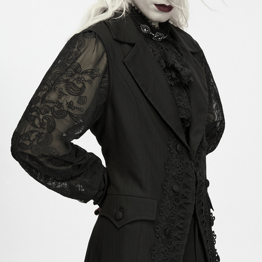 Victorian Gothic Long Waistcoat with Lace Trim, black gothic lace waistcoat with tailored lapels and dovetail hem