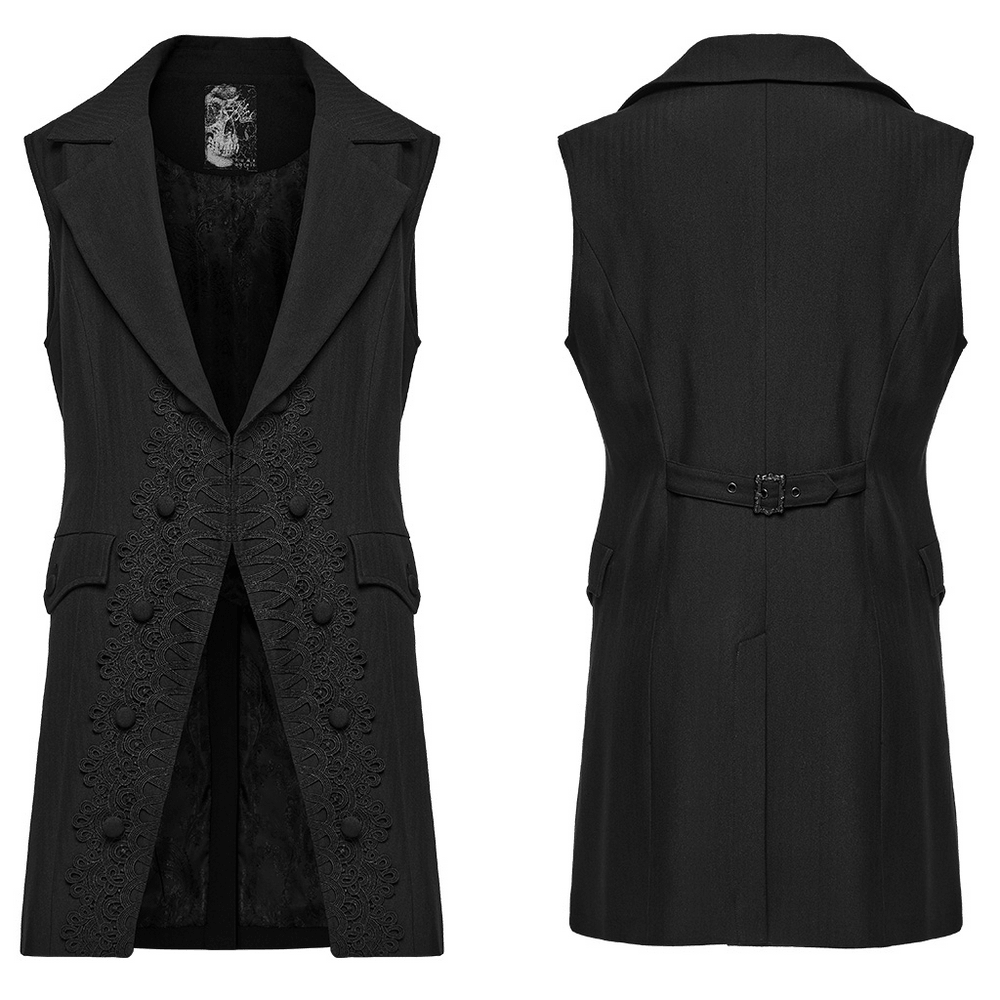 Victorian Gothic Long Waistcoat with Lace Trim black long waistcoat, tailored lapels, covered buttons, lace appliqués, dovetail hem