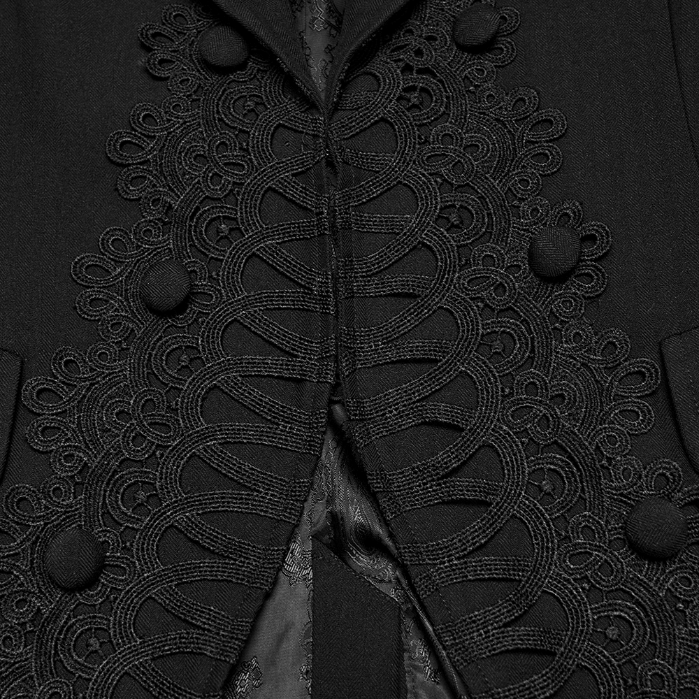Victorian Gothic Long Waistcoat with Lace Trim, black gothic waistcoat with ornate lace detailing and tailored lapels