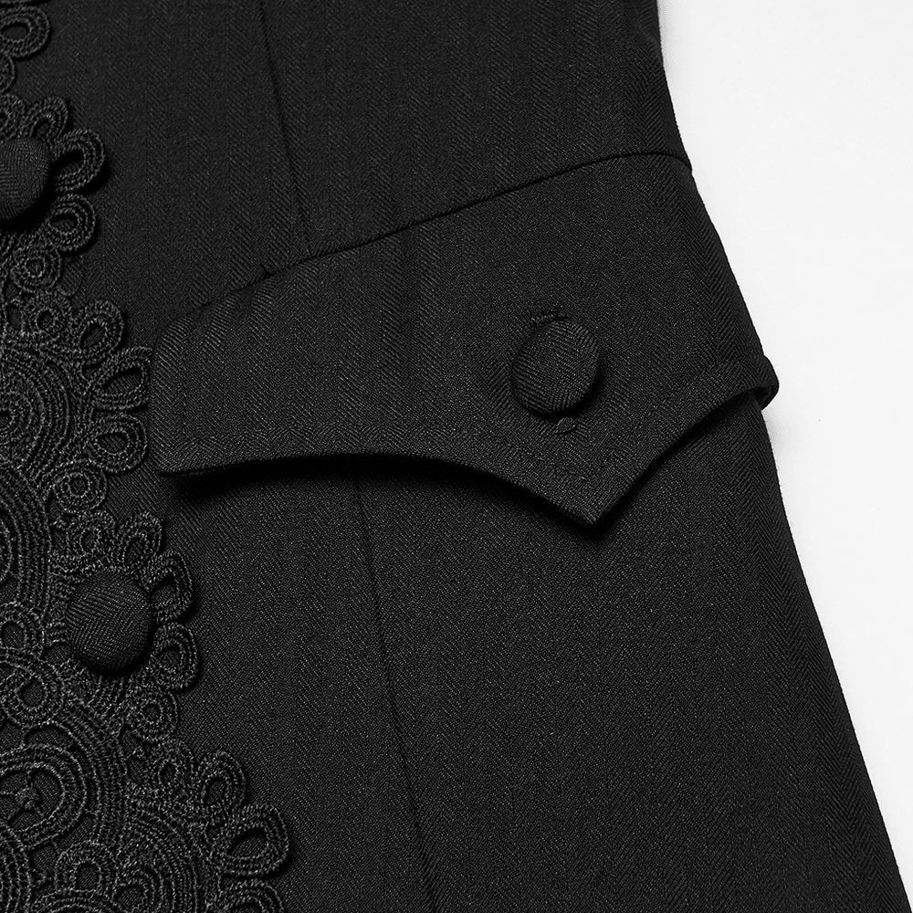 Victorian Gothic Long Waistcoat with Lace Trim, black gothic waistcoat with lace appliqué, covered buttons and tailored lapels