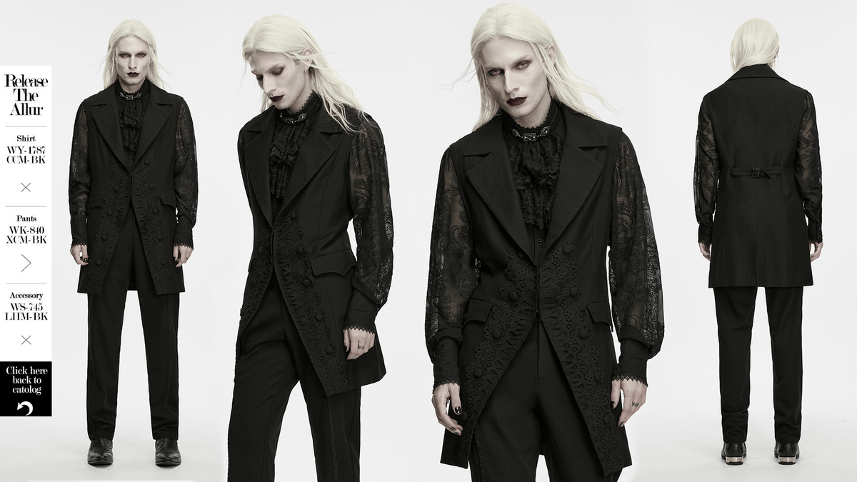 Victorian Gothic Long Waistcoat with Lace Trim, black tailored gothic vest with lace sleeves and dove-tail hem