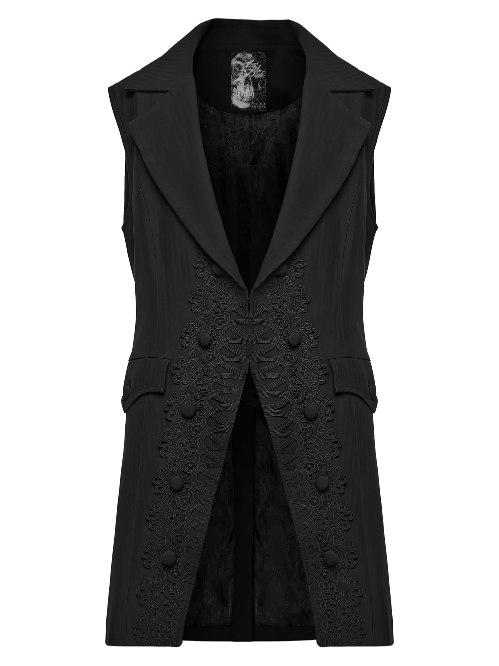 Victorian Gothic Long Waistcoat with Lace Trim black sleeveless jacquard vest with tailored lapels and ornate lace detailing