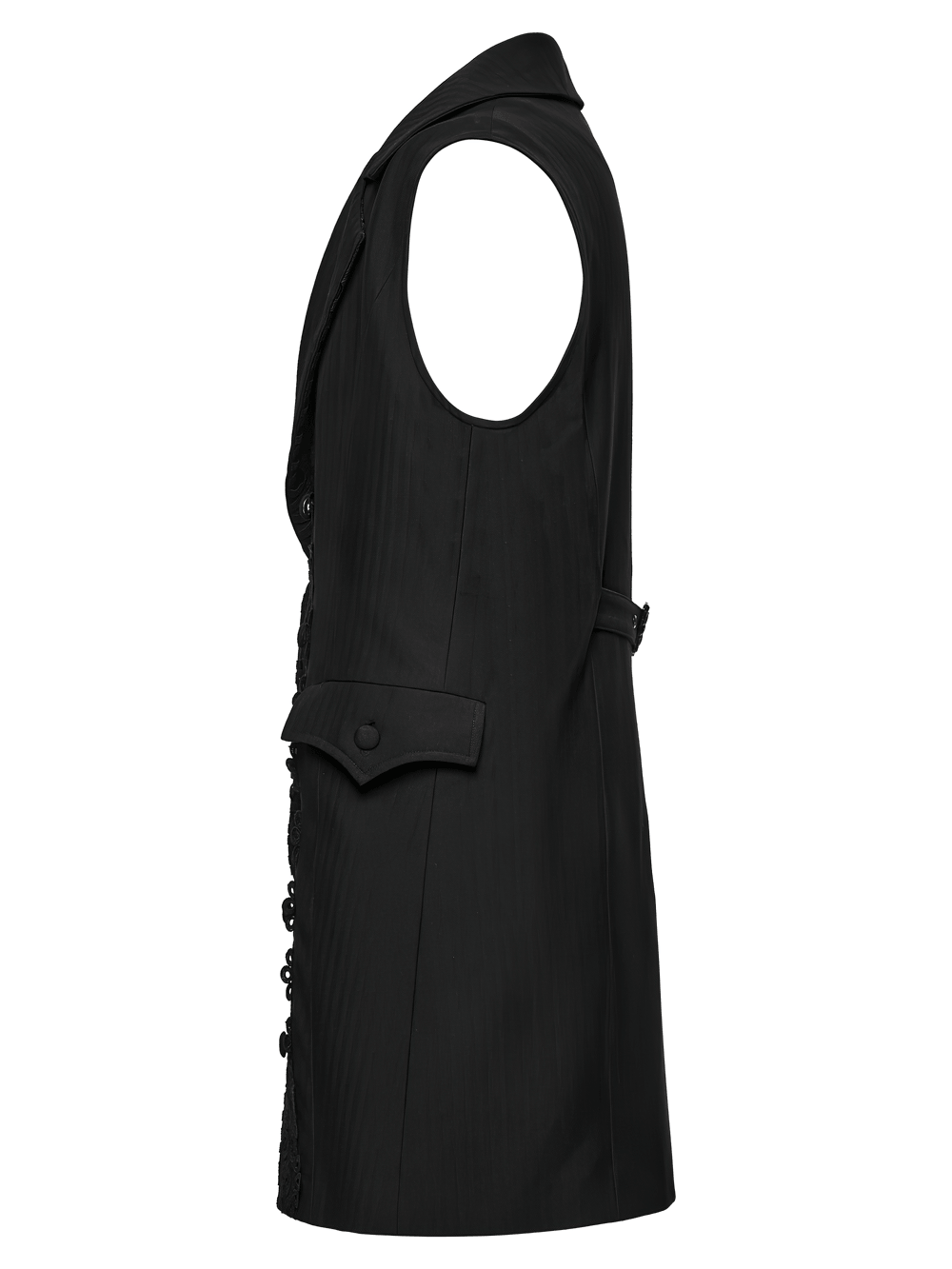 Victorian Gothic Long Waistcoat with Lace Trim, black sleeveless gothic vest with tailored lapels and dovetail hem