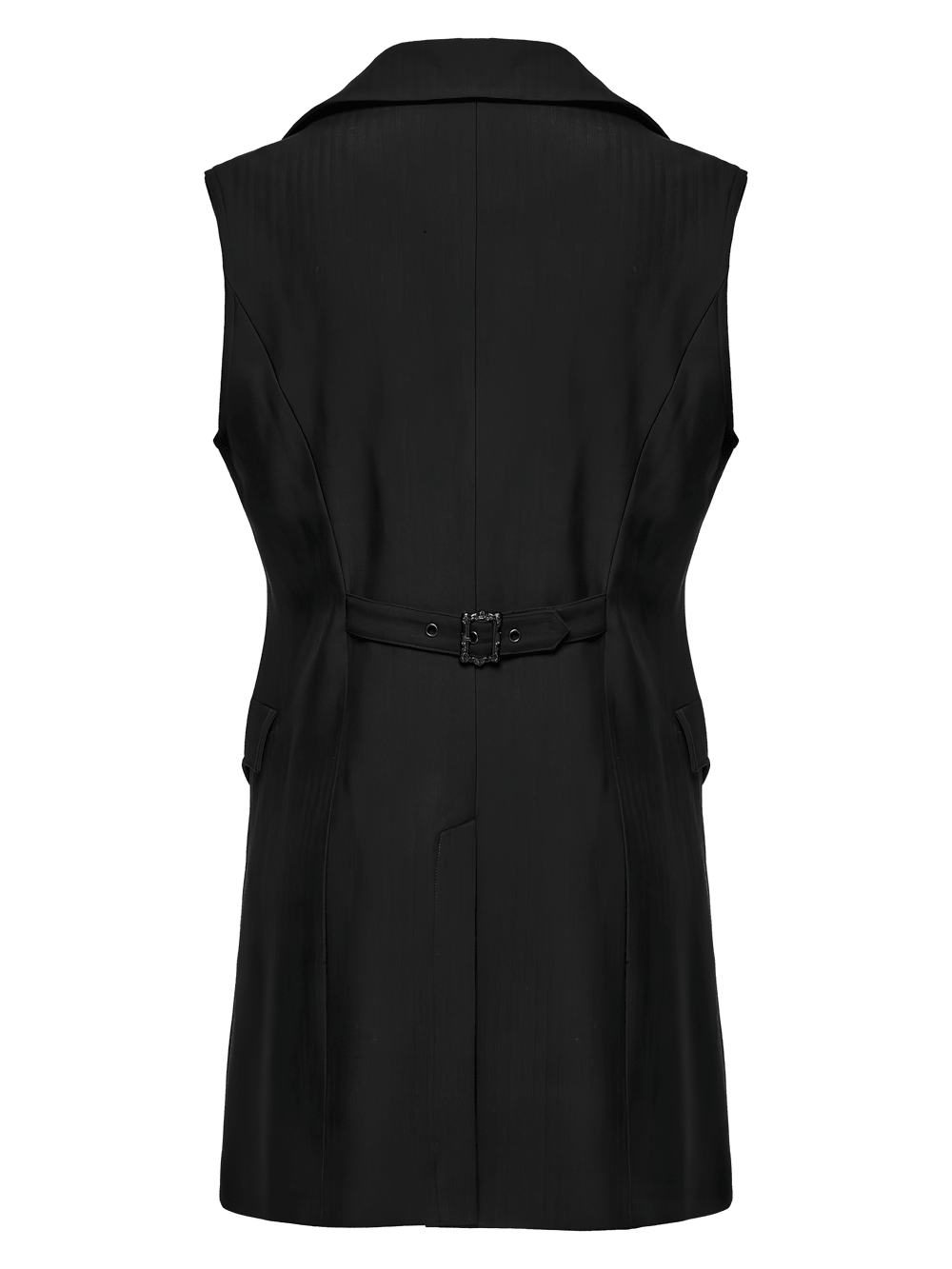 Victorian Gothic Long Waistcoat with Lace Trim black sleeveless long waistcoat with tailored back buckle and gothic elegance