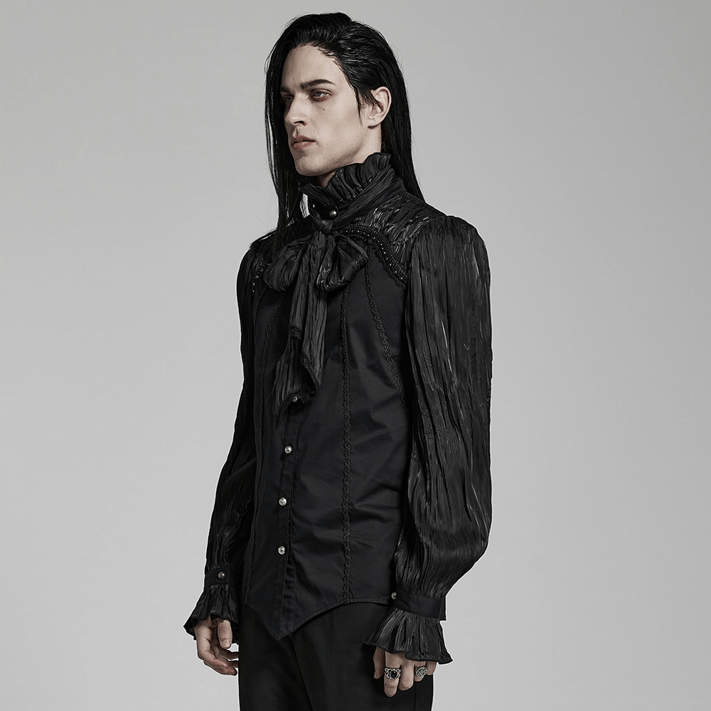 Victorian Gothic Pleated Lace-Up Shirt featuring intricate lace, a dramatic bow, and shirred shoulders for dark elegance.