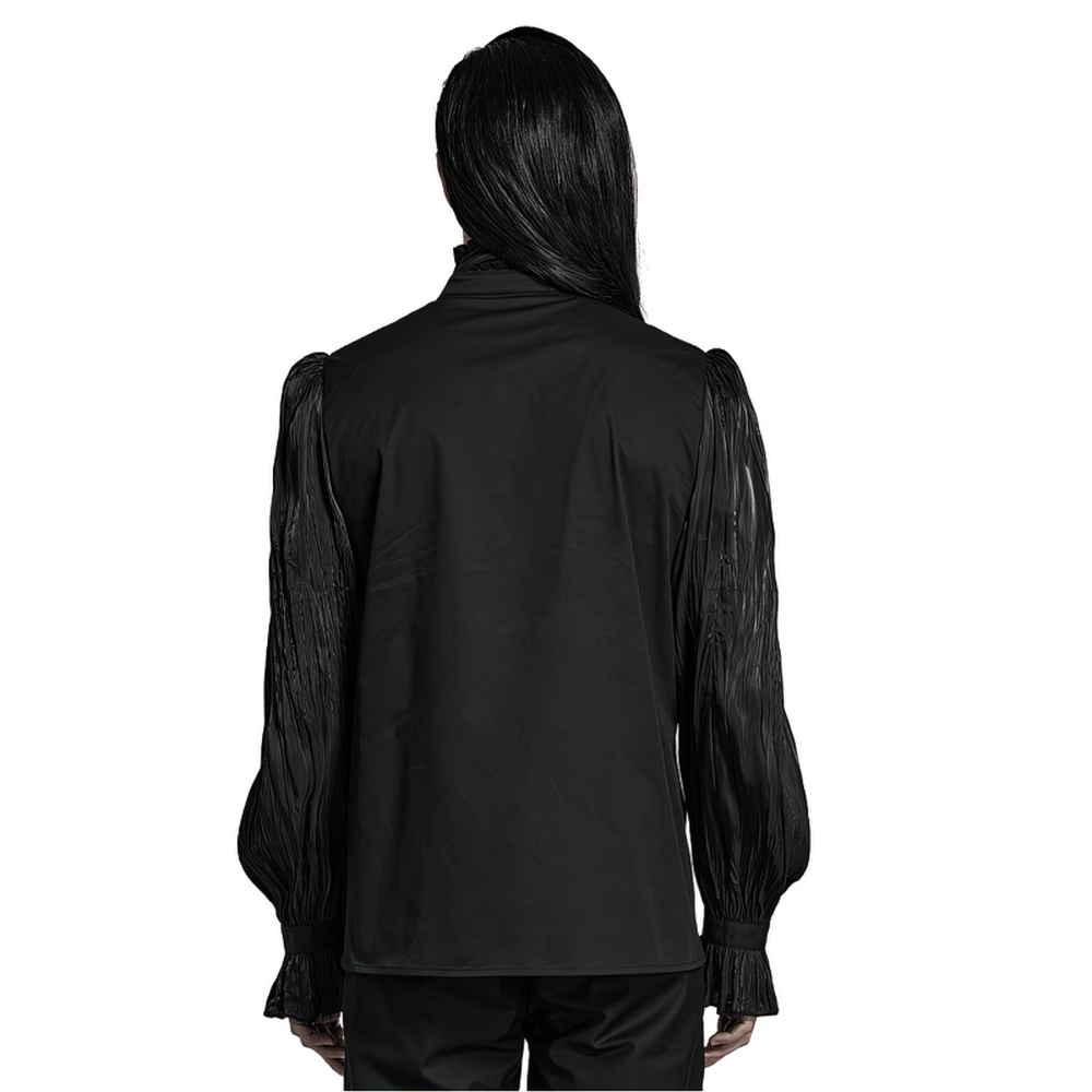 Back view of a Victorian Gothic Pleated Lace-Up Shirt featuring elegant shirred shoulders and billowing sleeves.