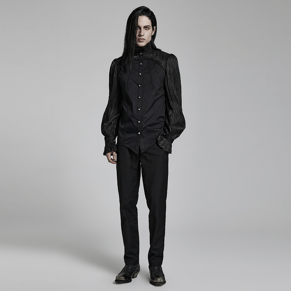 Victorian Gothic Pleated Lace-Up Shirt modeled with dark elegance, featuring lace detailing and shirred shoulders.