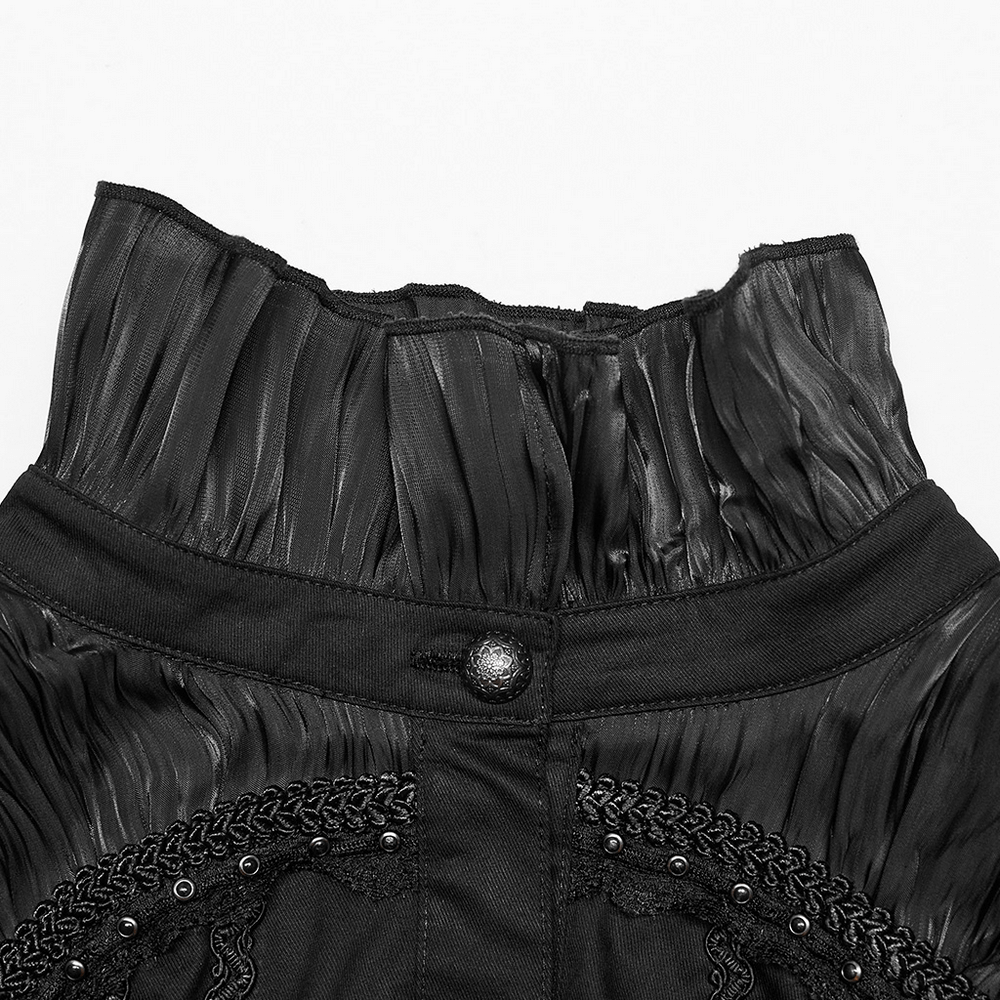 Close-up of the collar of a Victorian Gothic Pleated Lace-Up Shirt with pleated fabric and lace detailing.