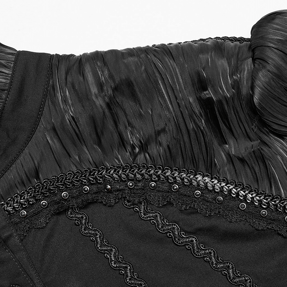 Close-up view of the Victorian Gothic Pleated Lace-Up Shirt's intricate lace and pleated fabric details.