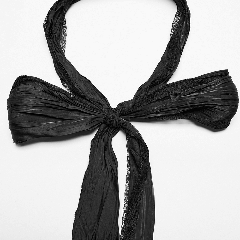 Elegant black lace ribbon with pleated texture, perfect for gothic attire and stylish accents.