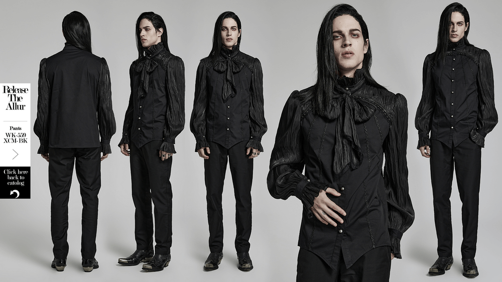 Victorian Gothic Pleated Lace-Up Shirt featuring intricate lace and shirred shoulders for dark elegance.