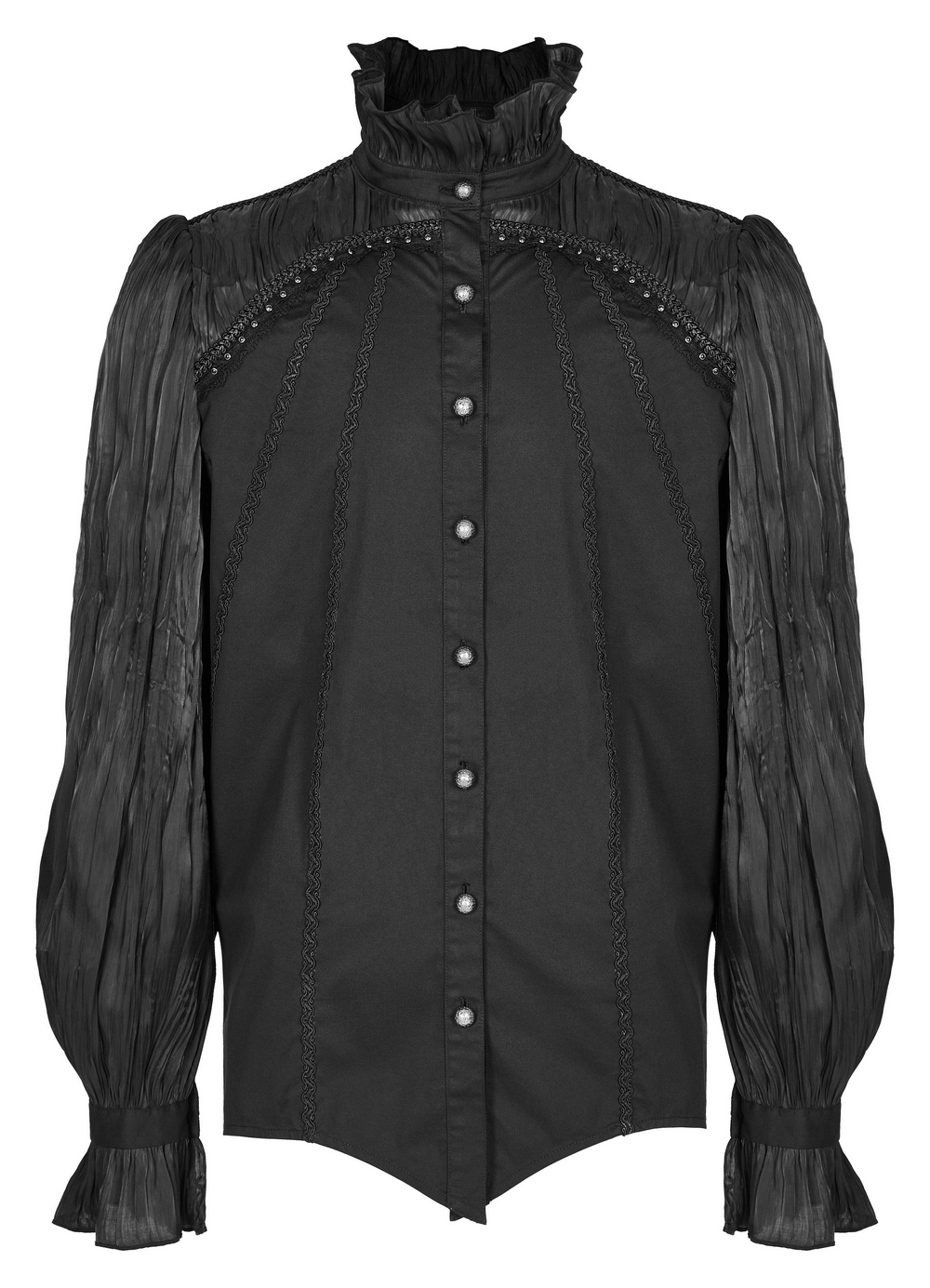 Victorian Gothic Pleated Lace-Up Shirt with lace detailing and shirred shoulders, perfect for a dramatic gothic look.