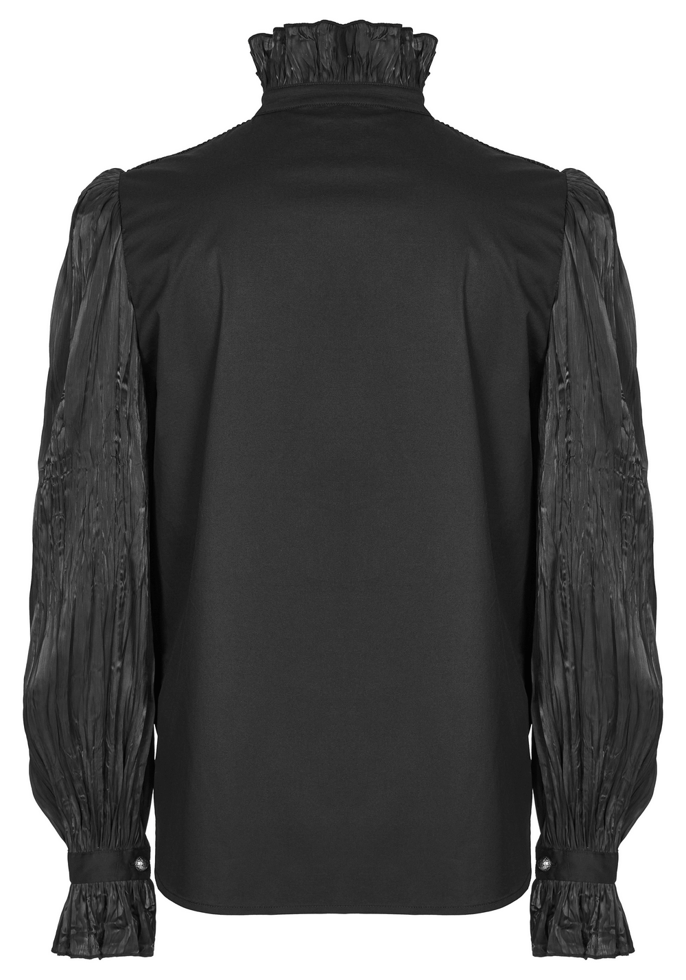 Back view of the Victorian Gothic Pleated Lace-Up Shirt showcasing pleated black sleeves and elegant collar.