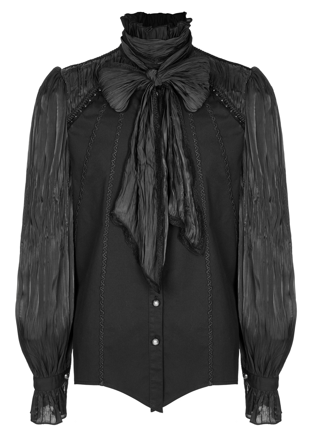 Victorian Gothic Pleated Lace-Up Shirt with intricate lace, shirred shoulders, and a dramatic birdcage visual.