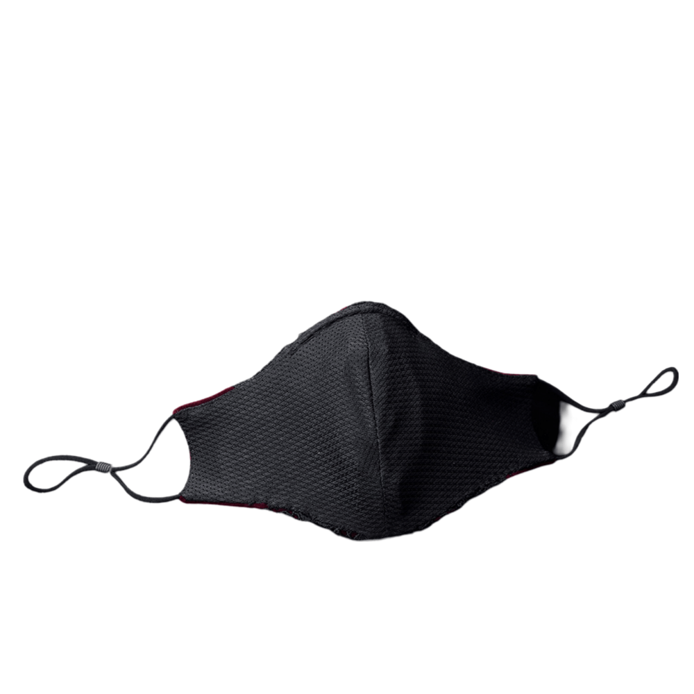 Black breathable face mask with adjustable ear straps and textured design for comfort and style.