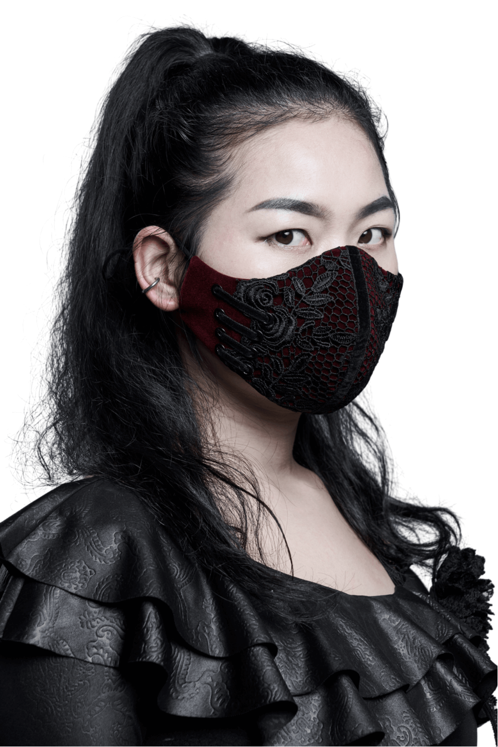 Victorian Gothic red lace mask with velvet and elastic tie, adorned with intricate lace detailing.