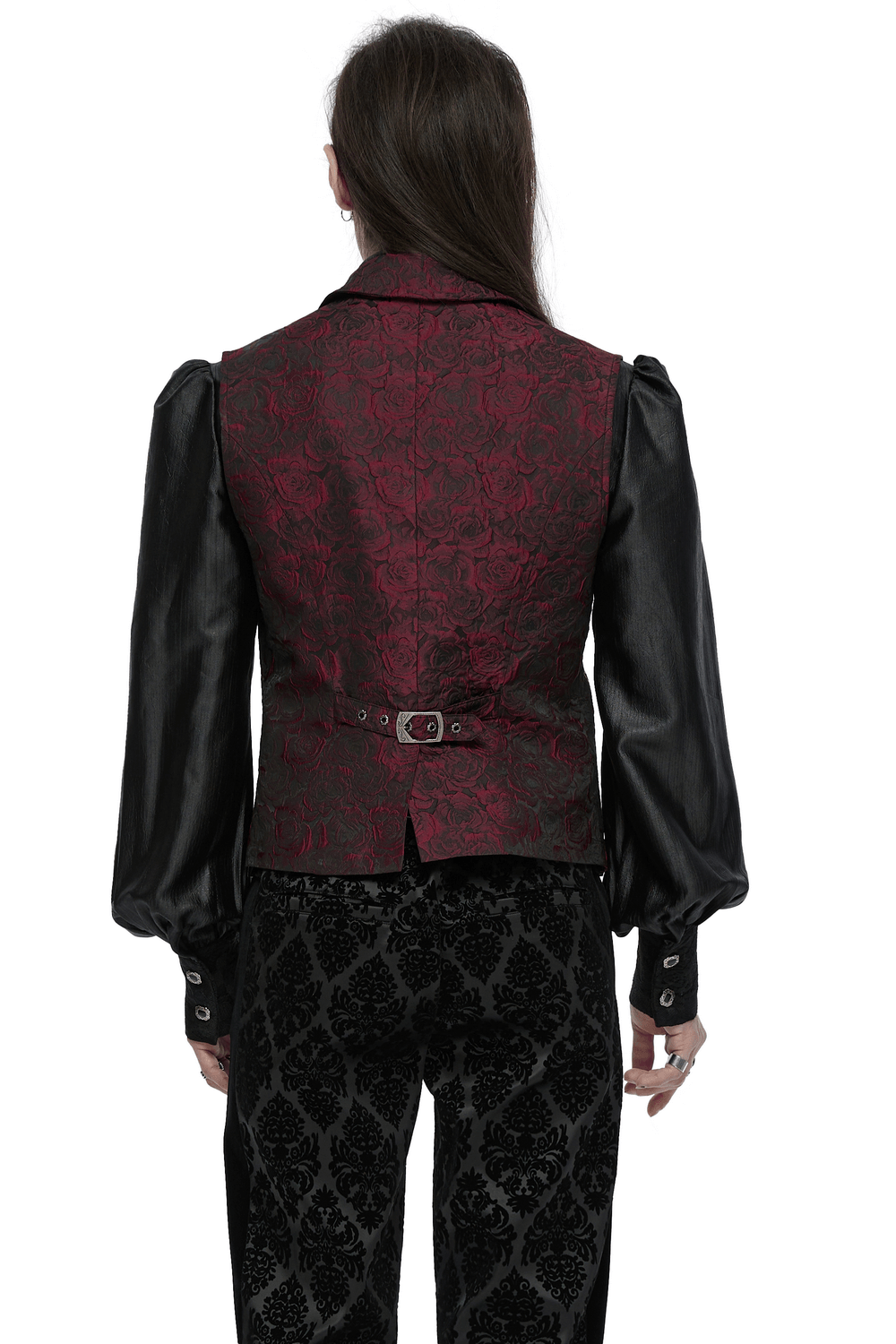 Victorian Gothic waistcoat with rose embroidery, showcasing a stylish back view and elegant buckle detail.