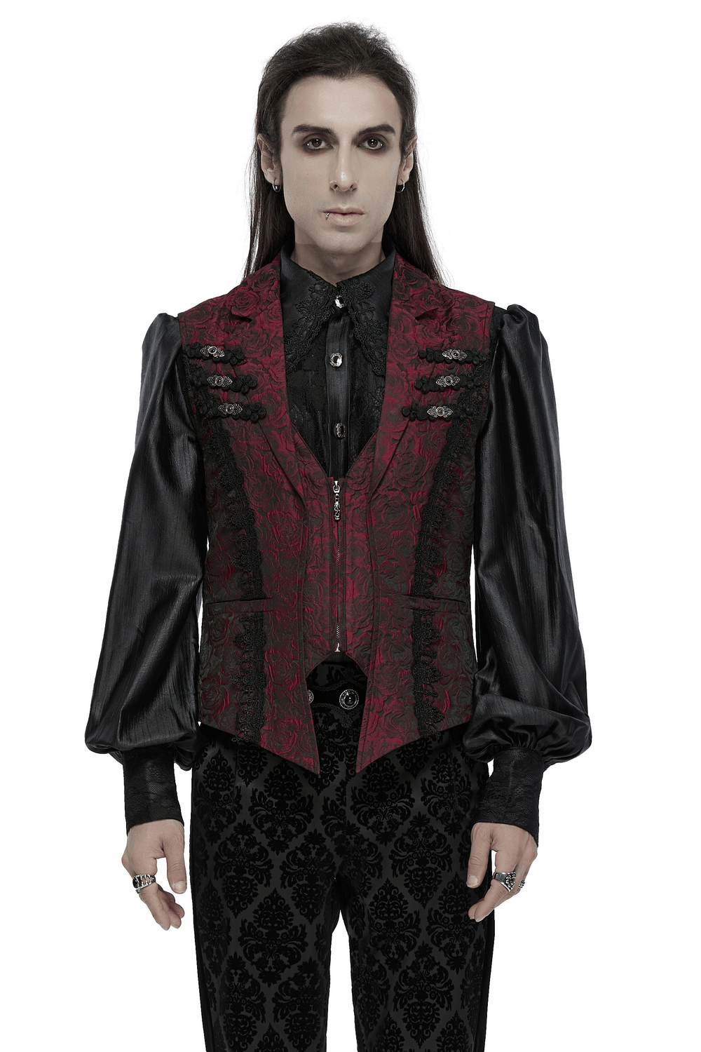 Victorian Gothic rose embroidered waistcoat with zipper, featuring a striking red and black design, perfect for themed events.