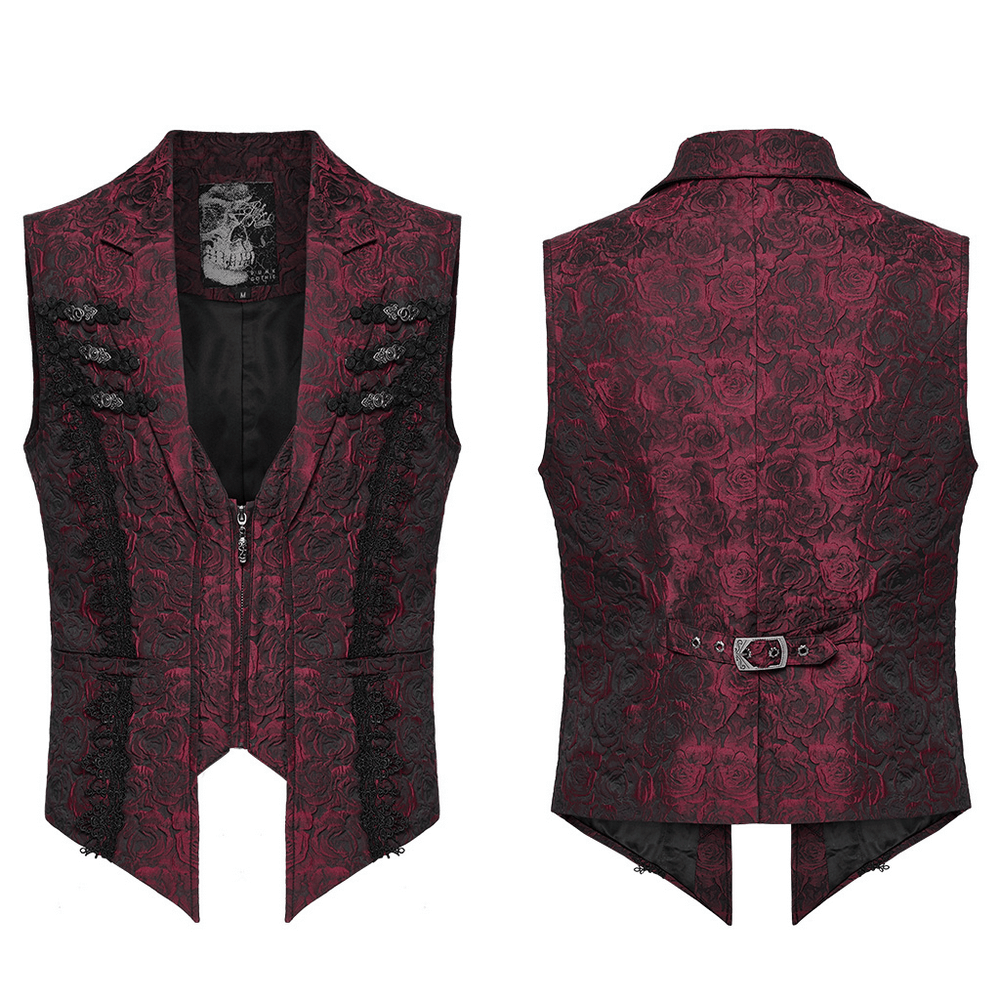 Victorian Gothic rose embroidered waistcoat with zipper and buckle, showcasing intricate black and red fabric design.