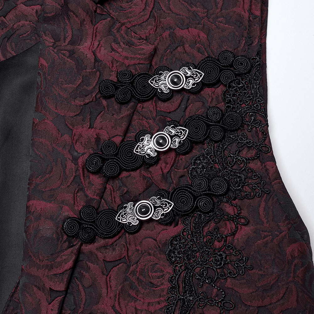 Close-up of Victorian Gothic rose embroidered waistcoat showcasing intricate black buckles and rich rose-patterned fabric.