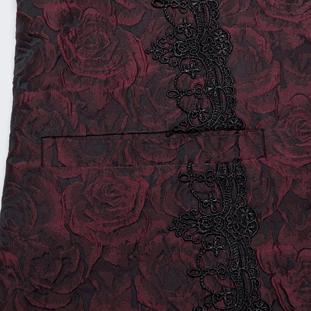 Close-up of Victorian Gothic waistcoat fabric featuring intricate rose embroidery and elegant lace detailing.