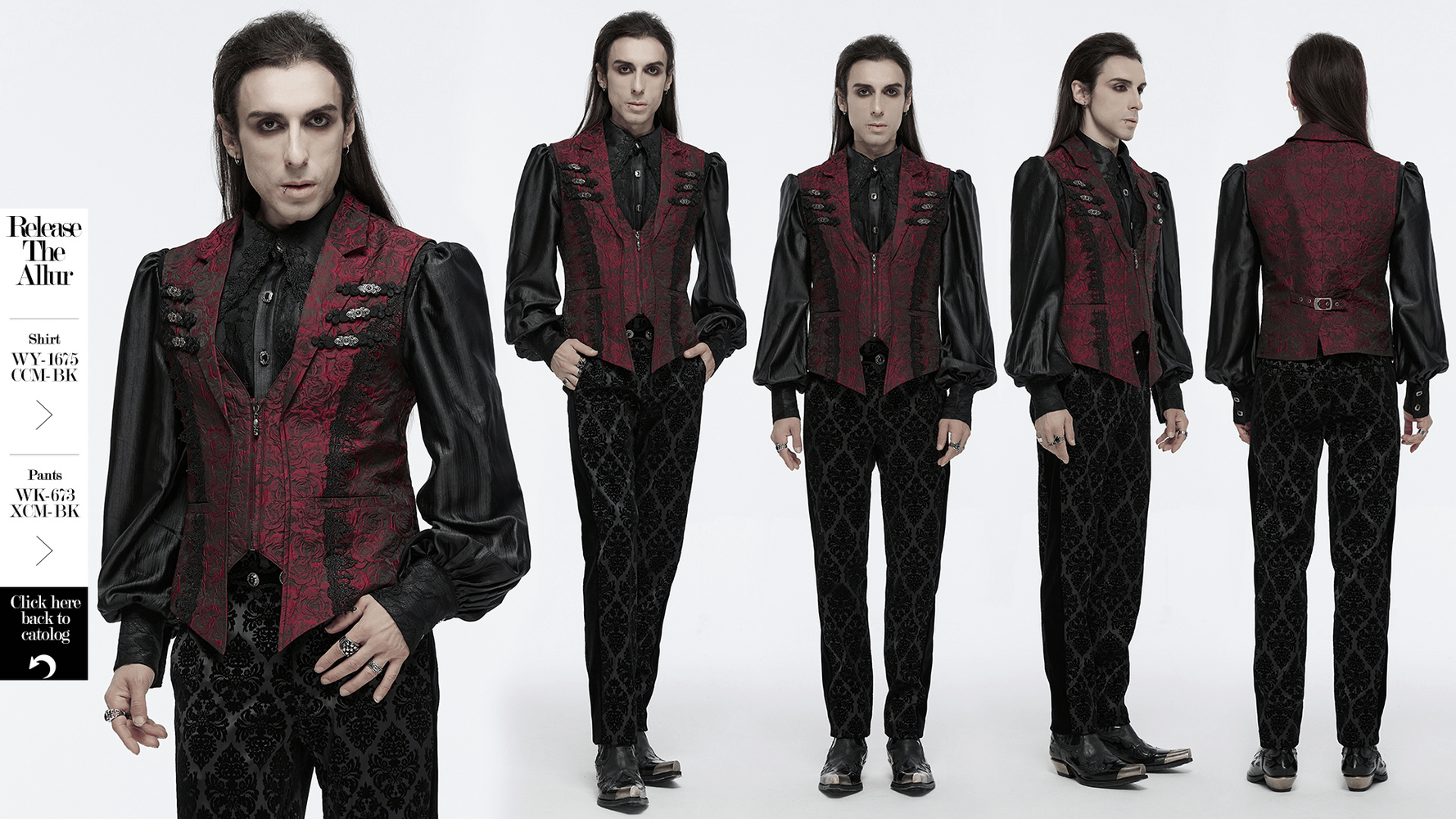 Victorian Gothic waistcoat in red with intricate rose embroidery, showcasing front and back views, paired with stylish black blouse and pants.