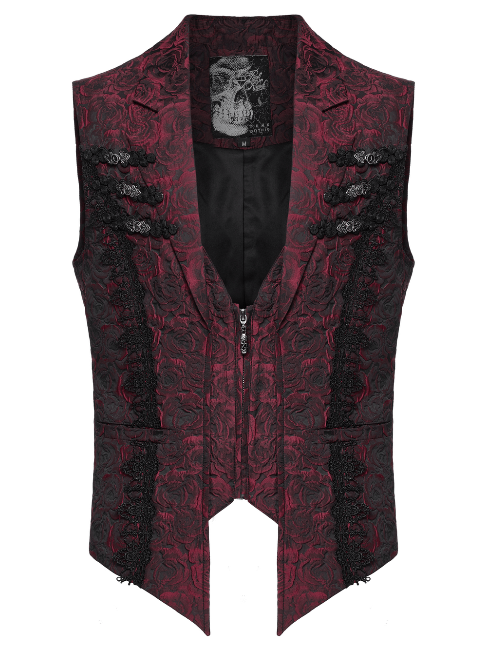 Victorian Gothic rose embroidered waistcoat with zipper and intricate lace details, perfect for themed events.