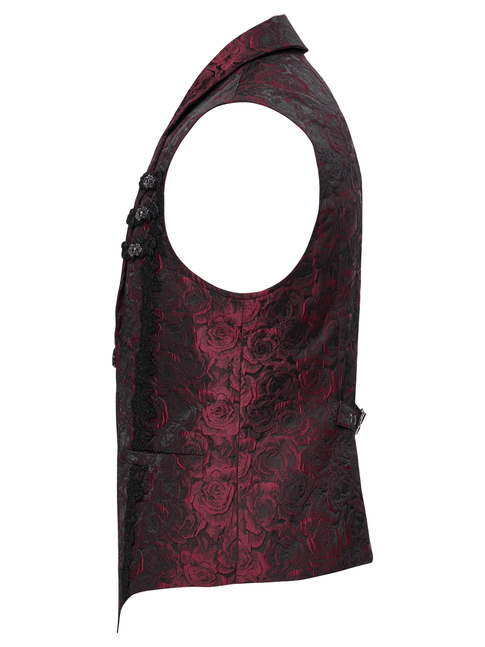 Victorian Gothic rose embroidered waistcoat with zipper showcasing intricate fabric and stylish flip collar.