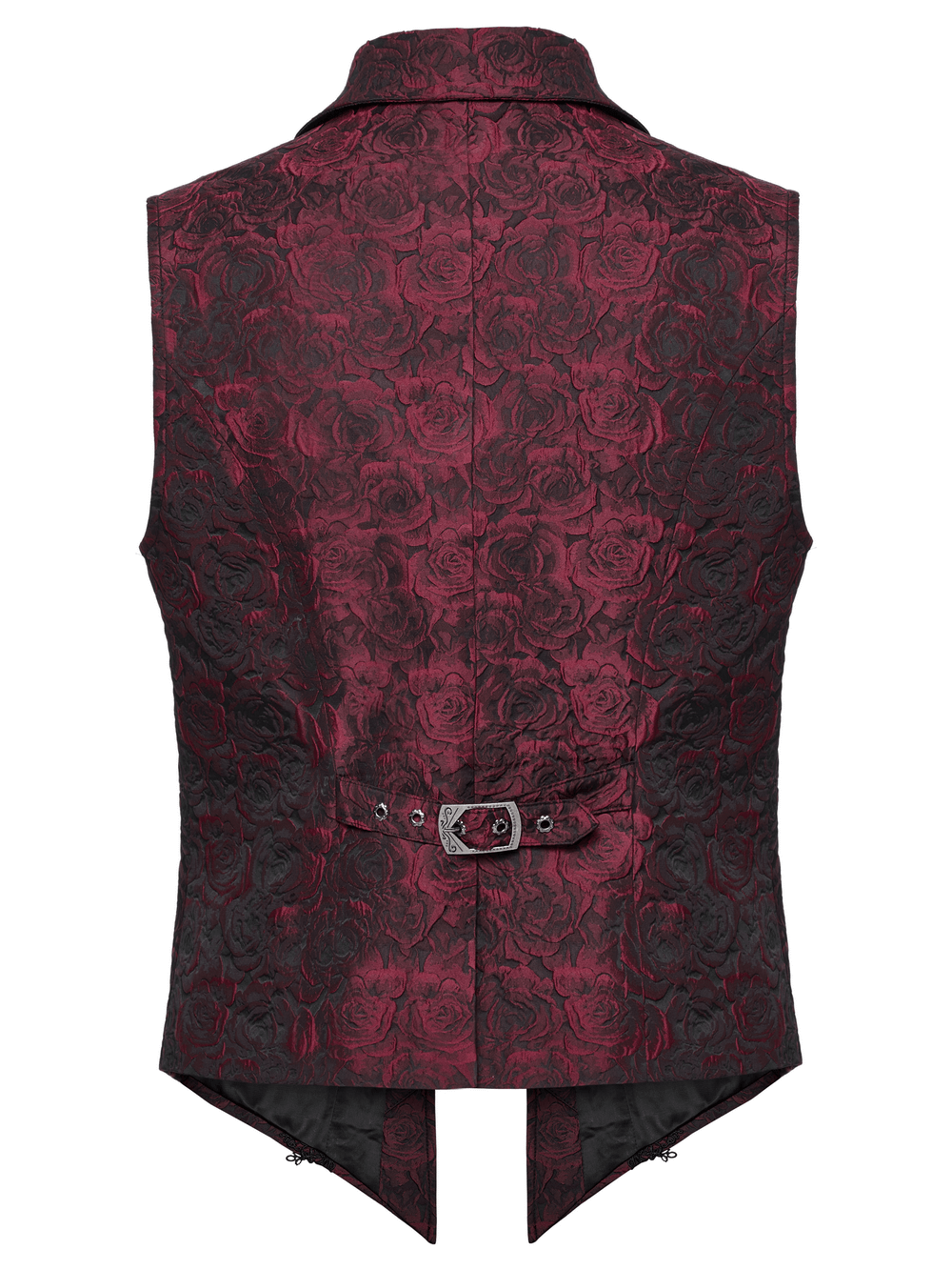 Back view of Victorian Gothic rose embroidered waistcoat with elegant buckle detail and intricate floral pattern.