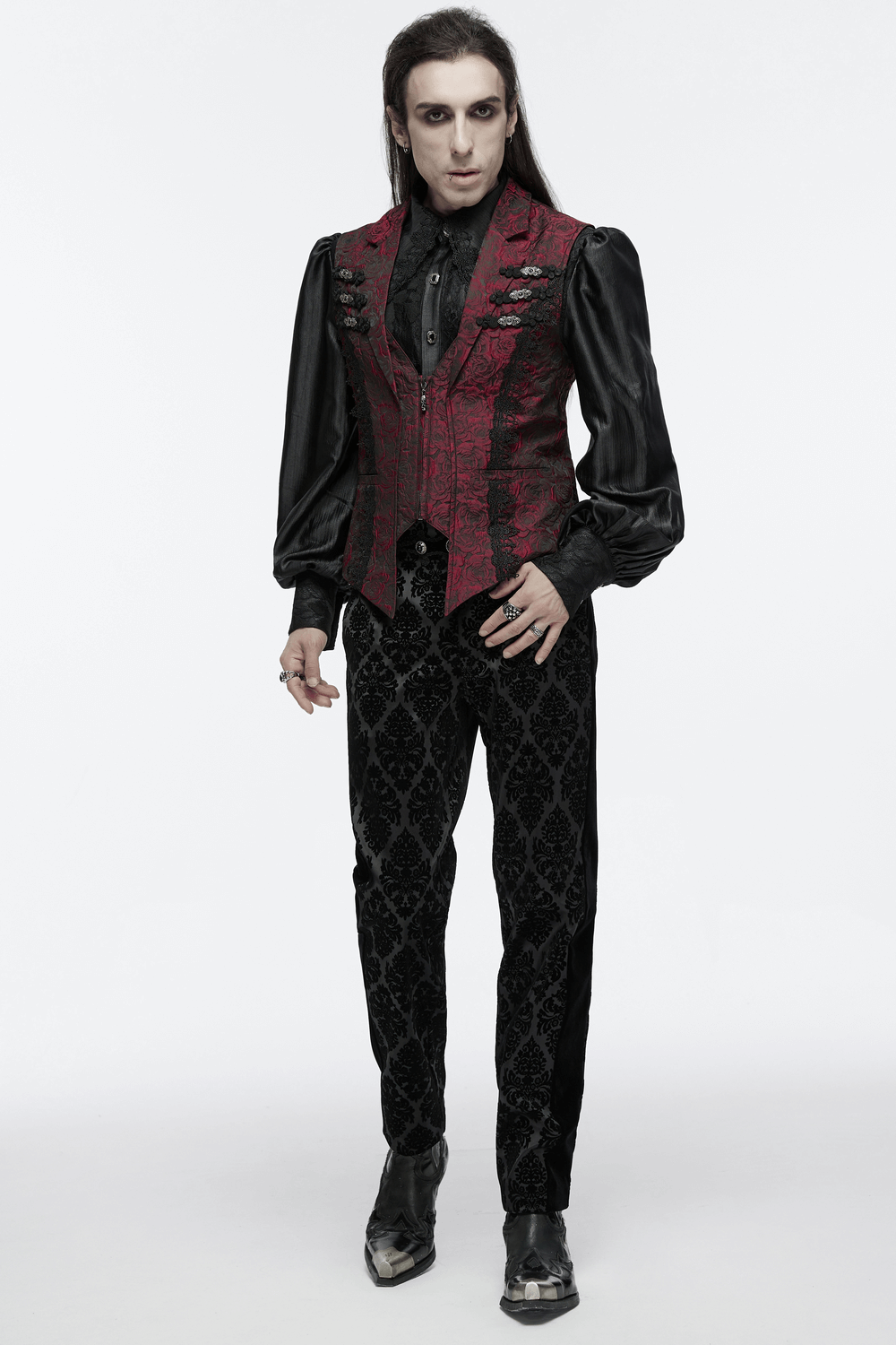 Model showcasing Victorian Gothic rose embroidered waistcoat with zipper and stylish black patterned pants.