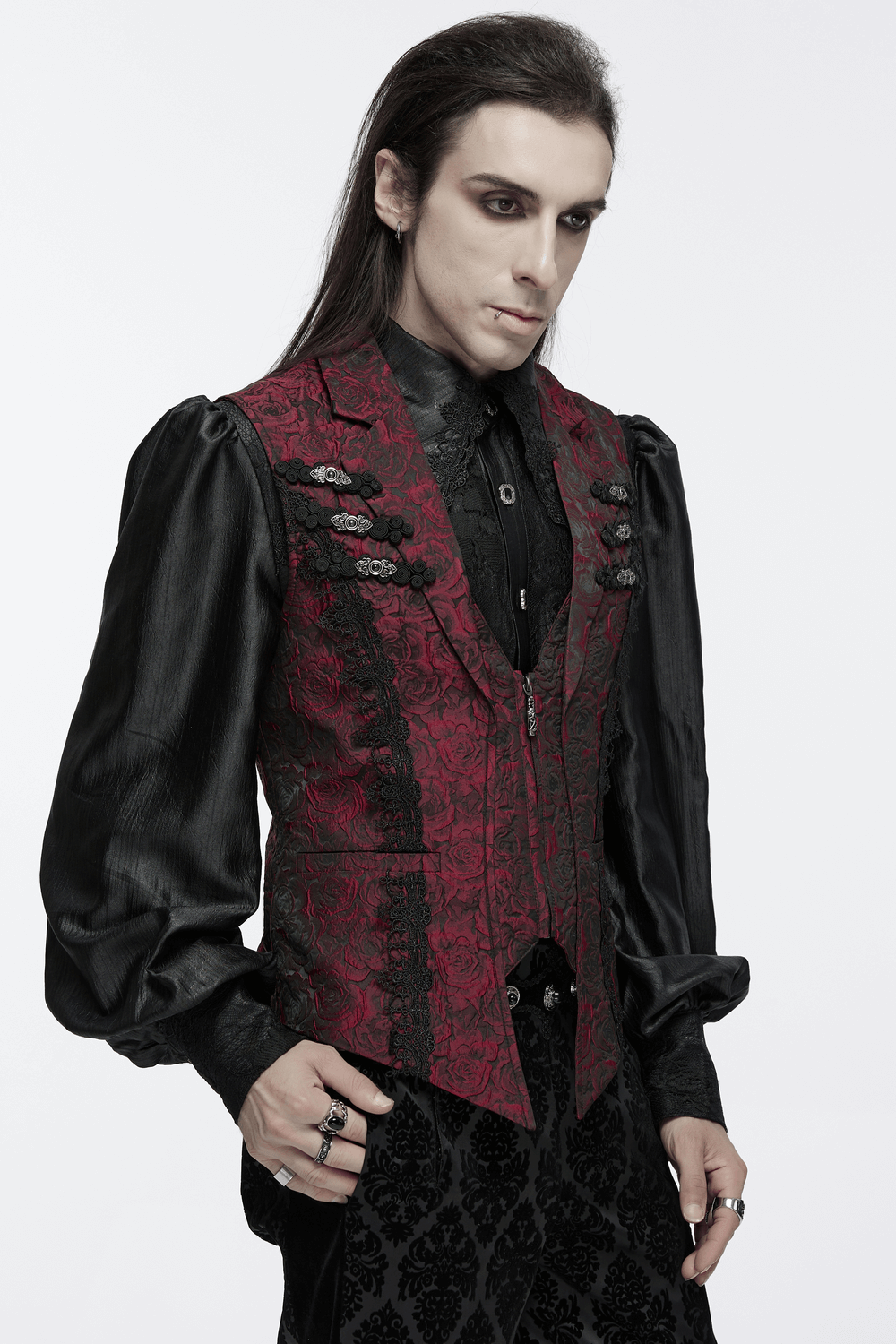 Victorian Gothic rose embroidered waistcoat with zipper, featuring a striking red design and elegant black accents.