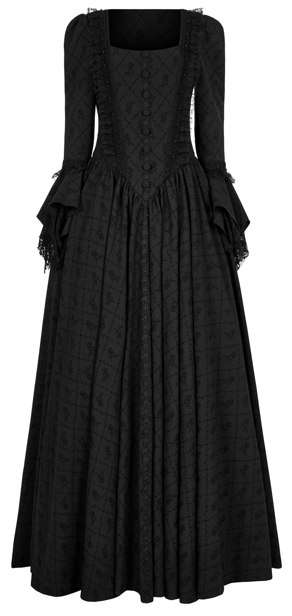 Victorian Gothic Rose-Weave gown in black with puffed sleeves and lace details, perfect for elegant gothic style.