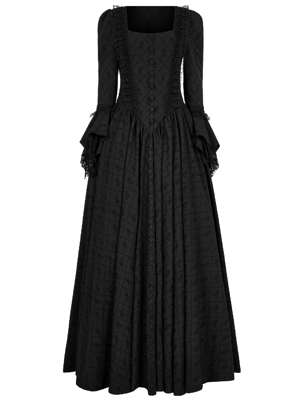 Victorian Gothic Rose-Weave gown in black with puffed sleeves and lace details, perfect for elegant gothic style.