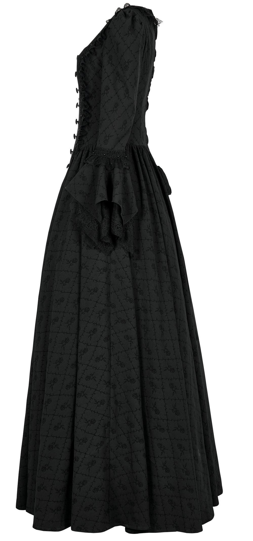 Victorian Gothic Rose-Weave Gown in black with elegant lace, side zipper, and voluminous hem for a regal look.