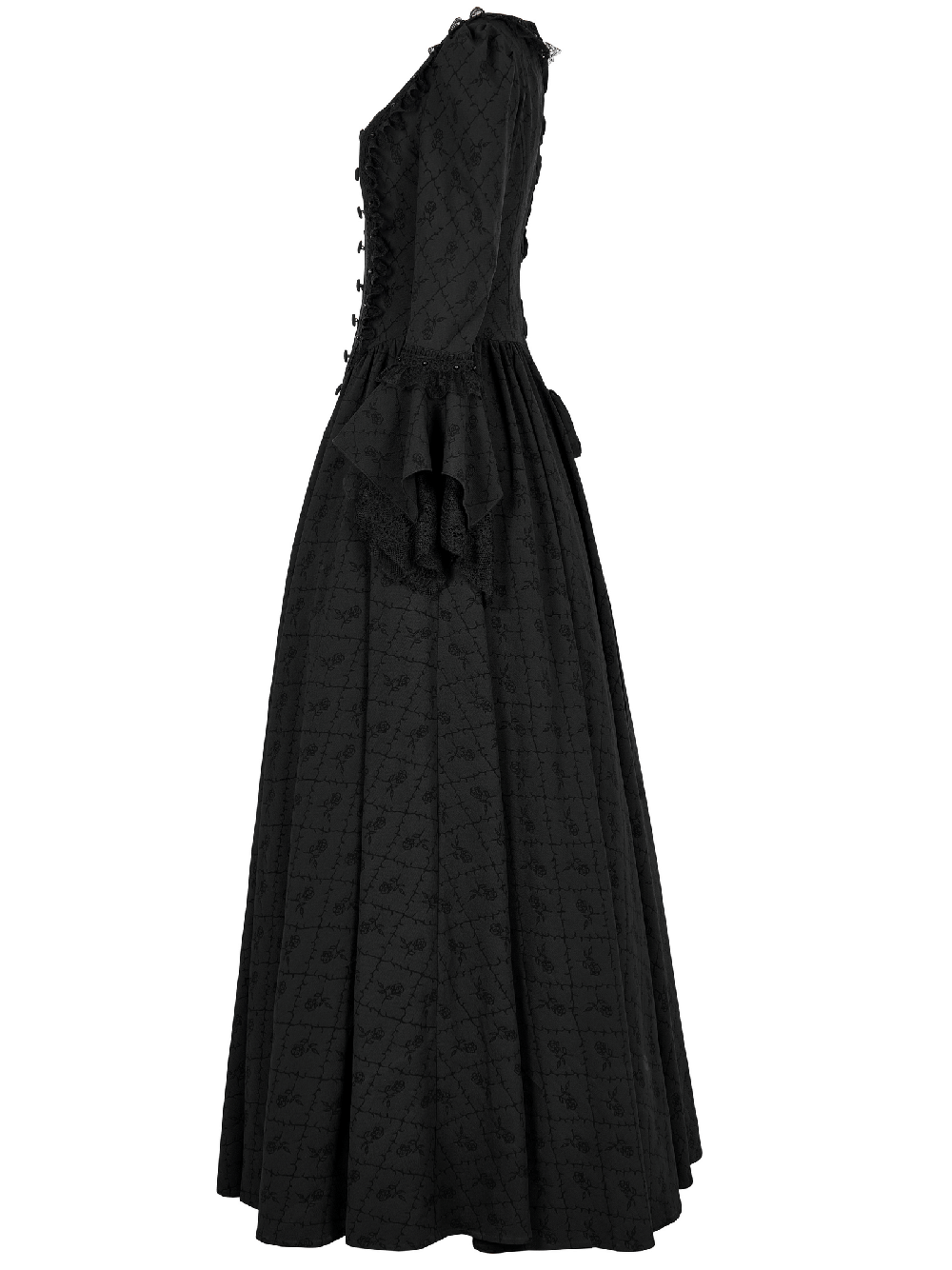 Victorian Gothic Rose-Weave Gown in black with elegant lace, side zipper, and voluminous hem for a regal look.