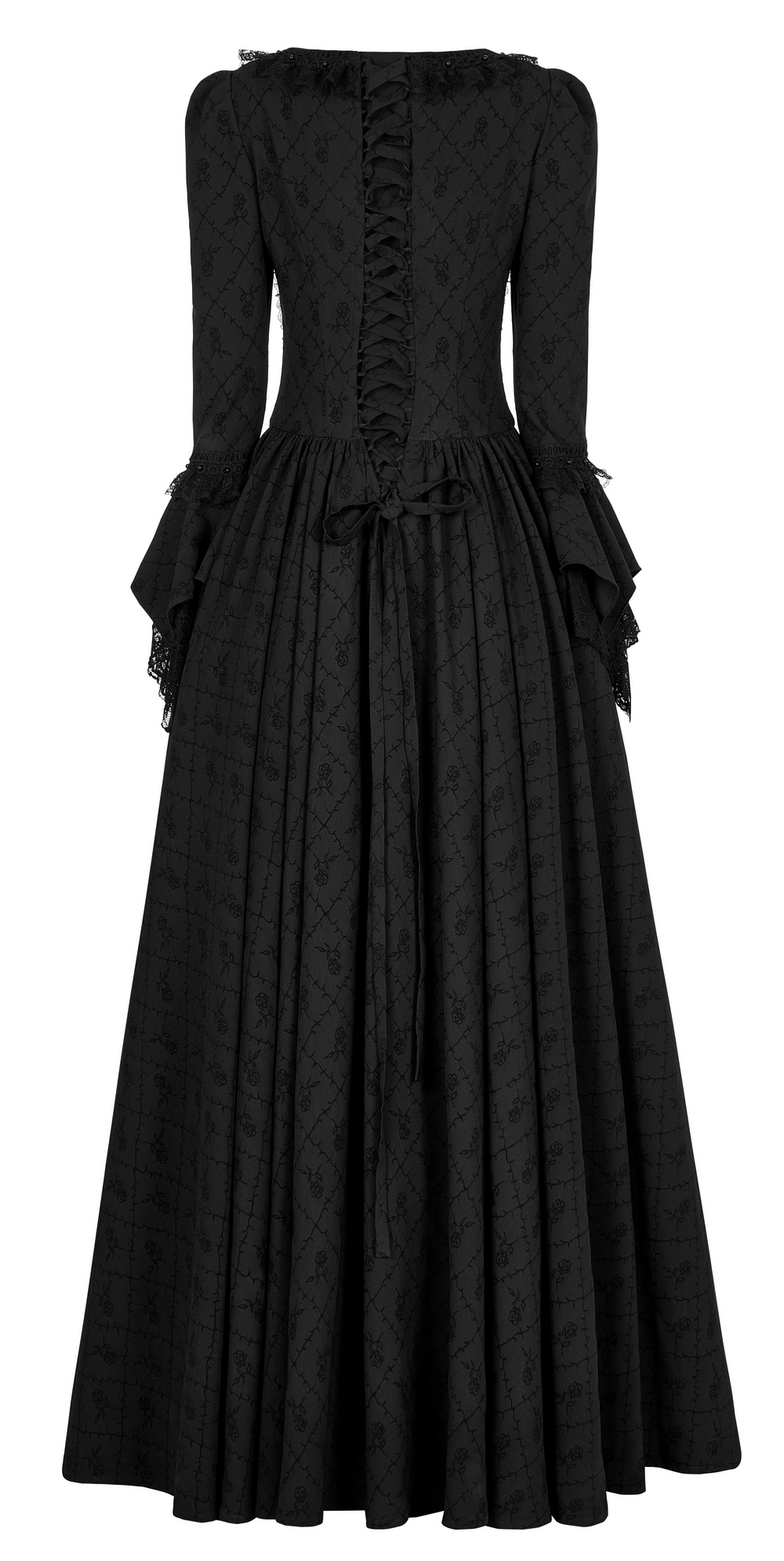 Elegant Victorian Gothic Rose-Weave Gown with lace details and dramatic flared sleeves for a regal look.