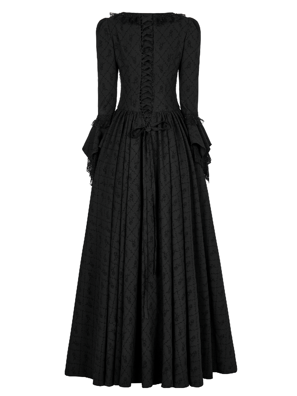 Elegant Victorian Gothic Rose-Weave Gown with lace details and dramatic flared sleeves for a regal look.