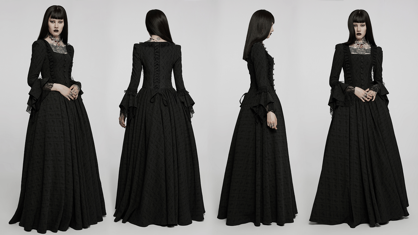 Victorian Gothic Rose-Weave Adjustable Gown in black, showcasing elegant lace and rose pattern details from multiple angles.