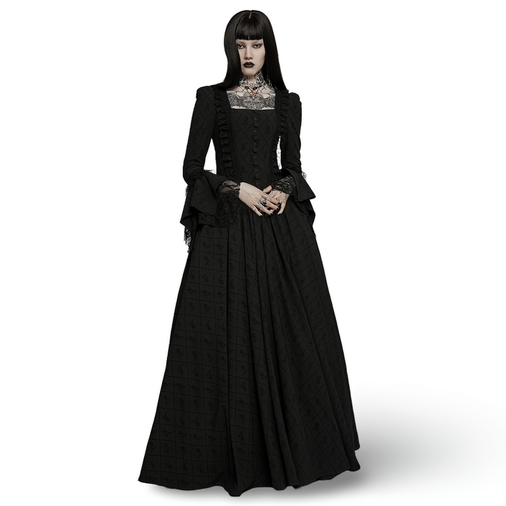 Victorian Gothic Rose-Weave gown in elegant black with lace, showcasing a dramatic silhouette and regal design.
