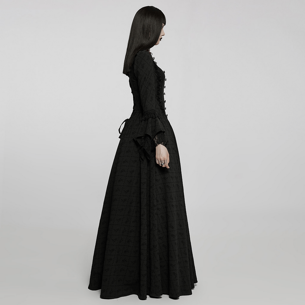 Side view of elegant Victorian Gothic Rose-Weave gown, featuring a dramatic silhouette and intricate detailing.