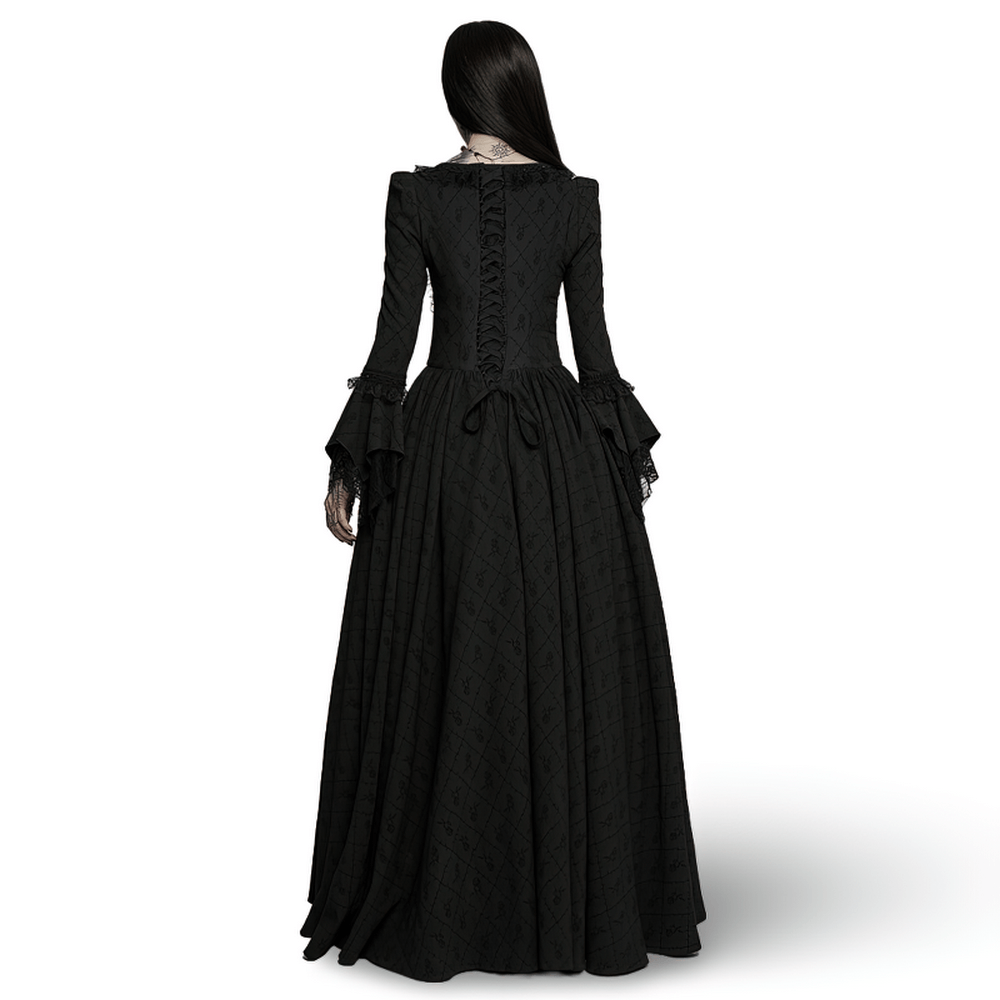 Elegant Victorian Gothic gown with rose-weave pattern, lace details, and voluminous hem, showcasing a regal silhouette.