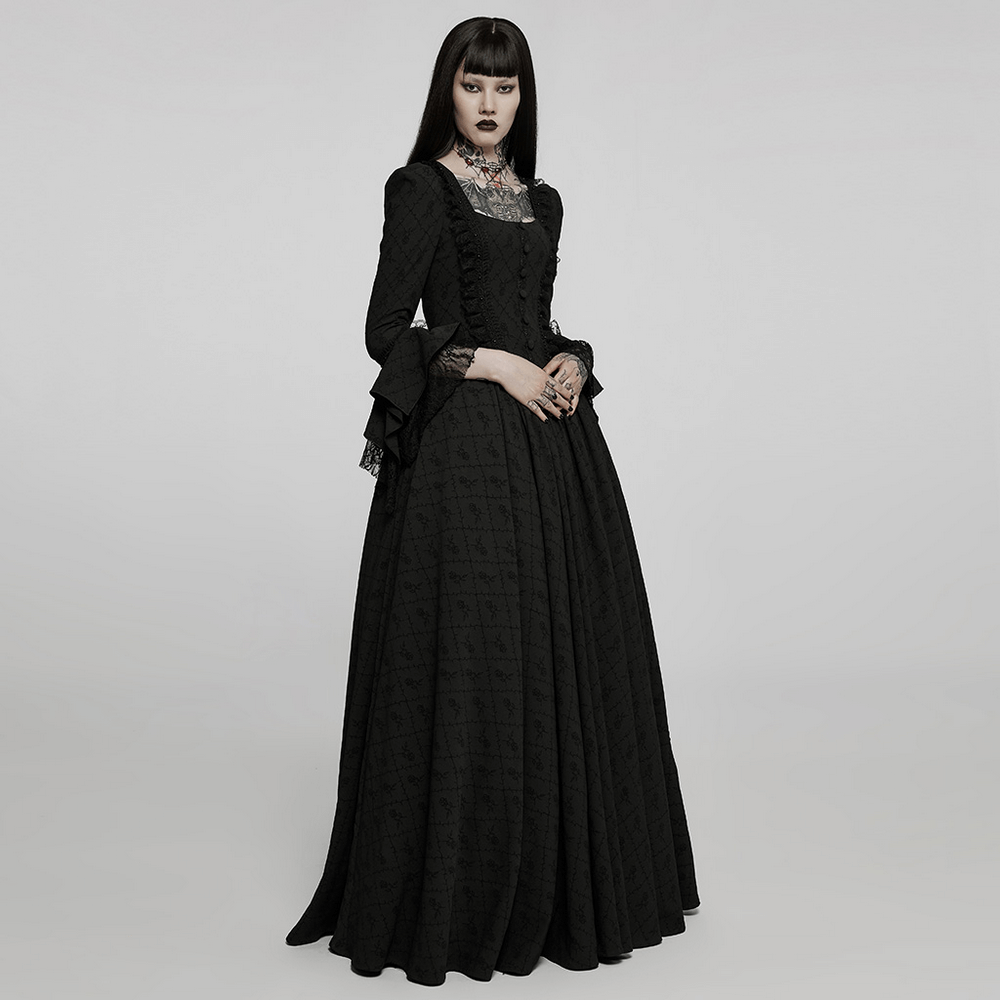 Elegant Victorian Gothic gown with rose-weave details, lace accents, and dramatic sleeves, perfect for a regal look.
