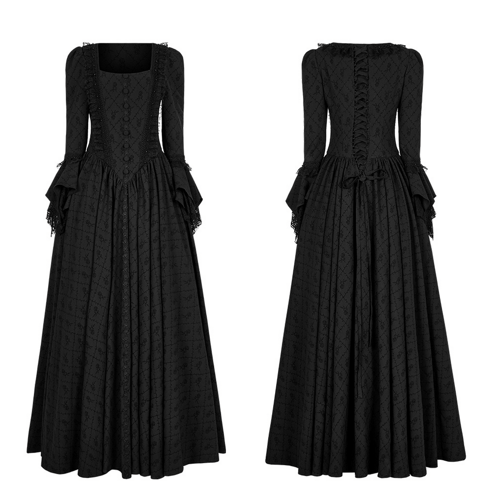 Victorian Gothic Rose-Weave Adjustable Gown in black with flared sleeves and intricate detailing.