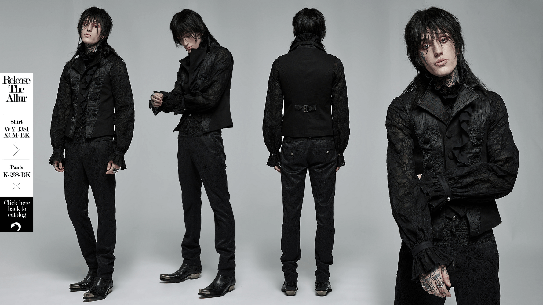 Gothic noble in a Victorian ruffle-front jacquard vest, showcasing dramatic flair and intricate design from multiple angles.