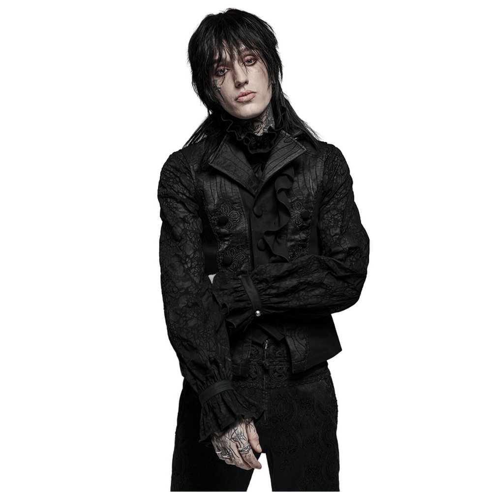 Model wearing a Victorian Gothic Ruffle-Front Jacquard Vest, showcasing intricate black fabric and elegant ruffles.