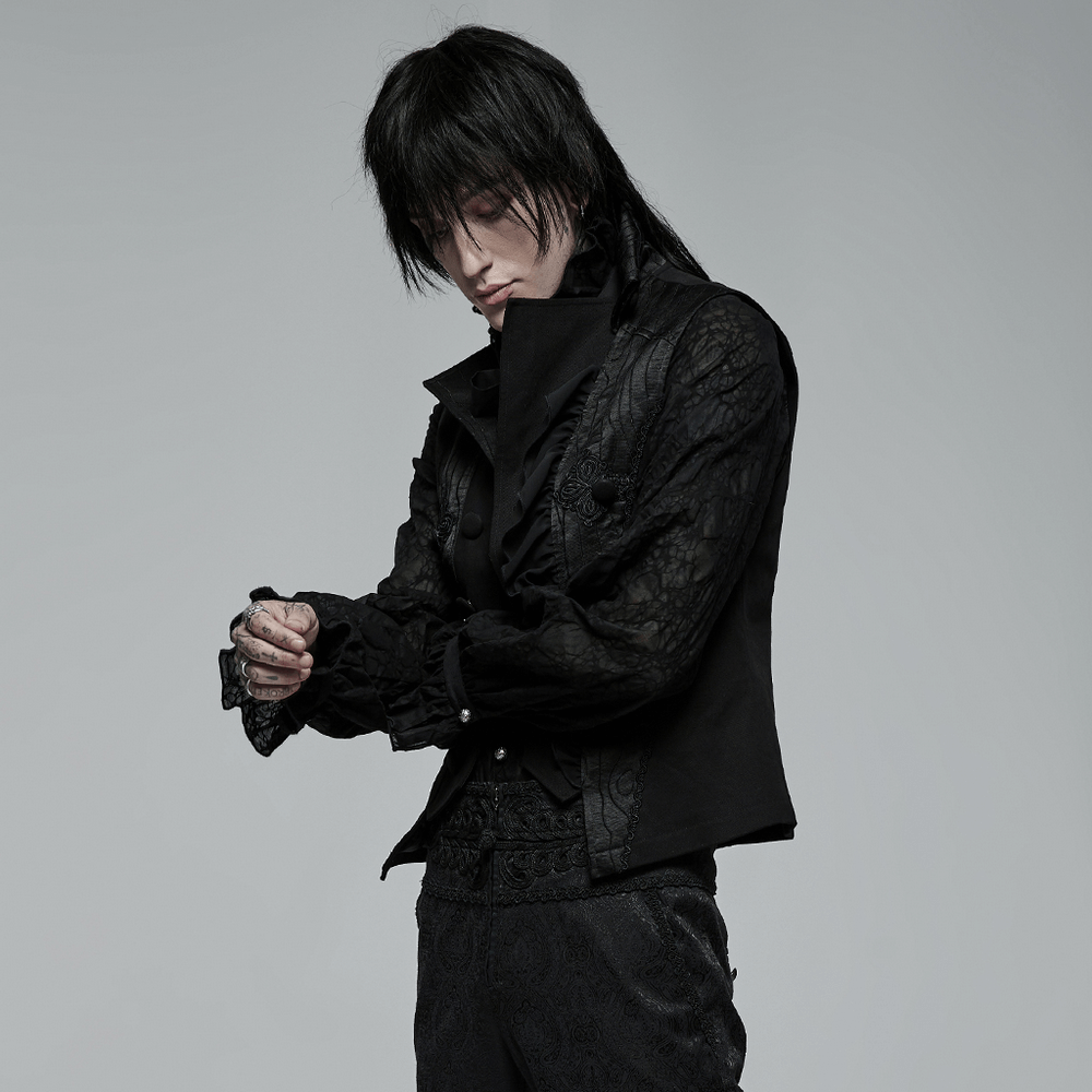 Victorian Gothic Ruffle-Front Jacquard Vest worn by a model with dark hair, showcasing its intricate design and dramatic flair.