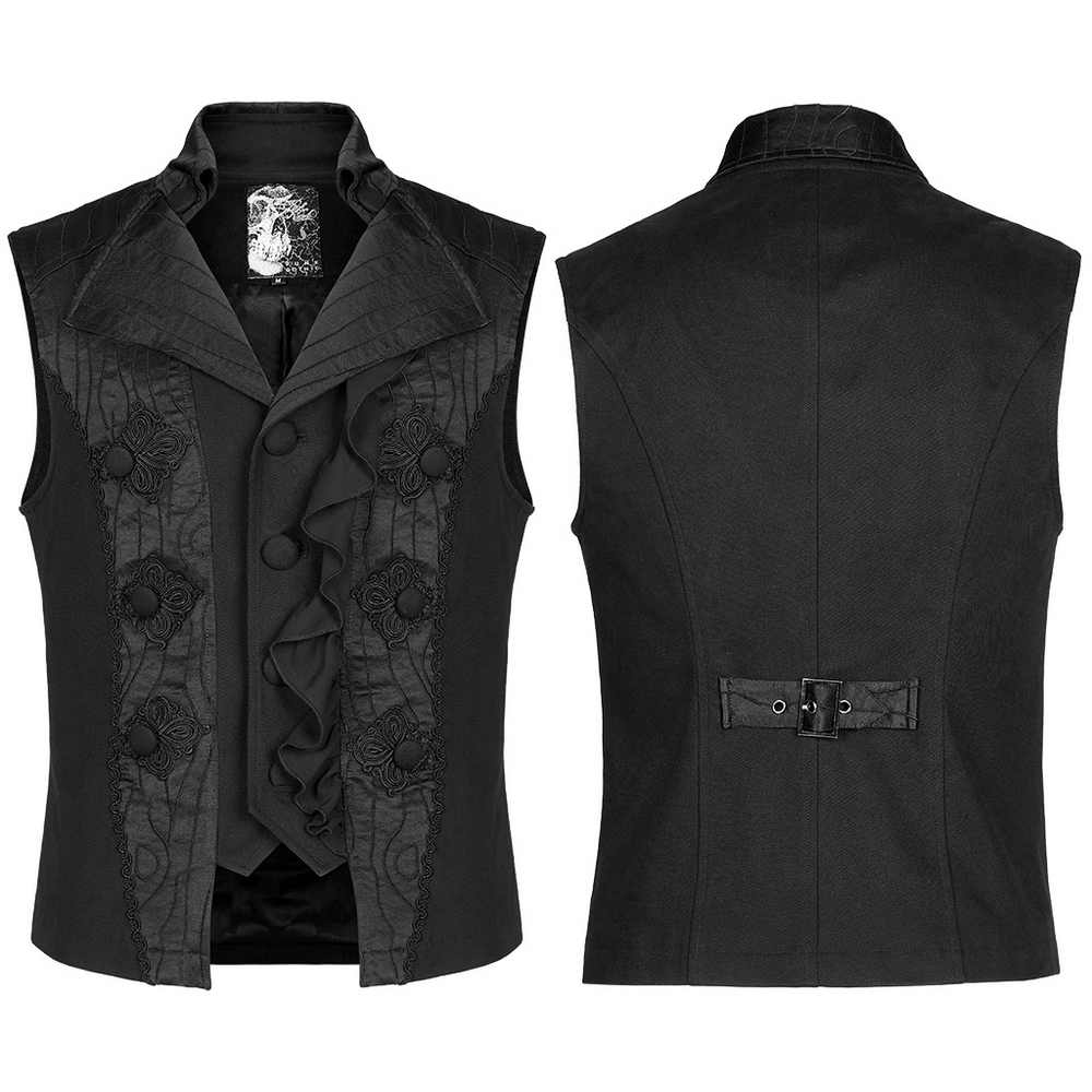 Victorian Gothic Ruffle-Front Jacquard Vest showcasing elegant ruffles, intricate buttons, and a bold collar in black.