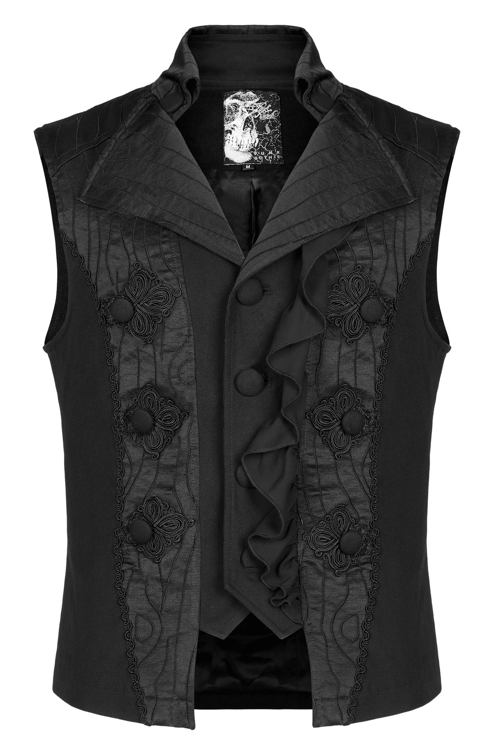 Victorian Gothic Ruffle-Front Jacquard Vest featuring a dramatic collar and elegant buttons in rich black fabric.