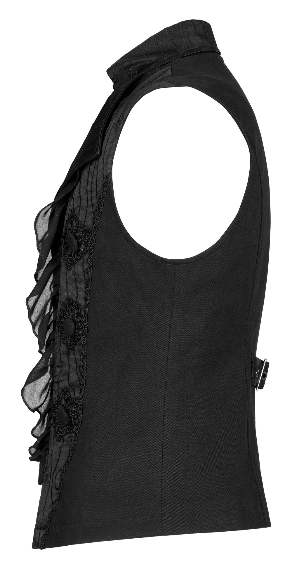 Elegant Victorian Gothic Ruffle-Front Jacquard Vest showcasing intricate detailing and dramatic collar.