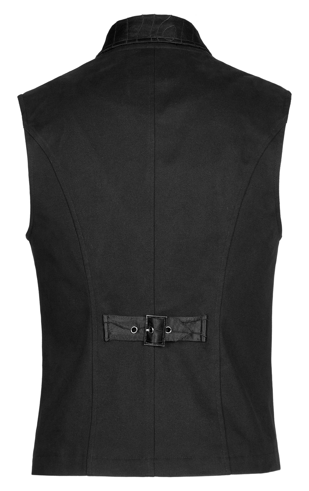 Back view of a Victorian Gothic Ruffle-Front Jacquard Vest featuring a stylish buckle and elegant collar.